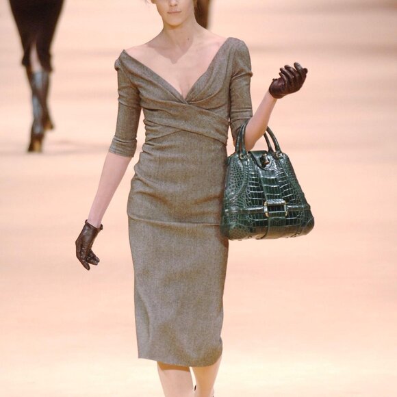 Alexander McQueen AW/05 Runway Brown Wool Tweed Crossover-Waist Dress - Picture 1 of 10
